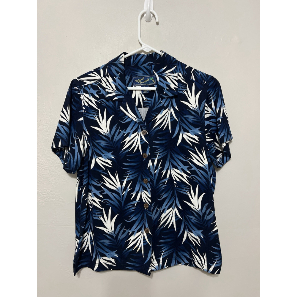Island Traders Blue Floral Womens M Hawaiian Tropical Beach Button Up